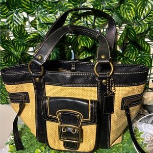 Vintage Legacy Coach Black and Tan Straw  Bag